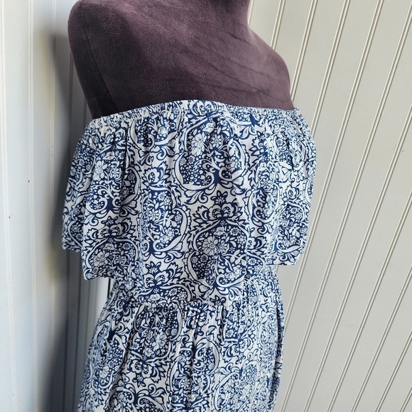 Yidarton Women Blue White Strapless Floral Off The Shoulder Maxi Dress Size L - Picture 5 of 13